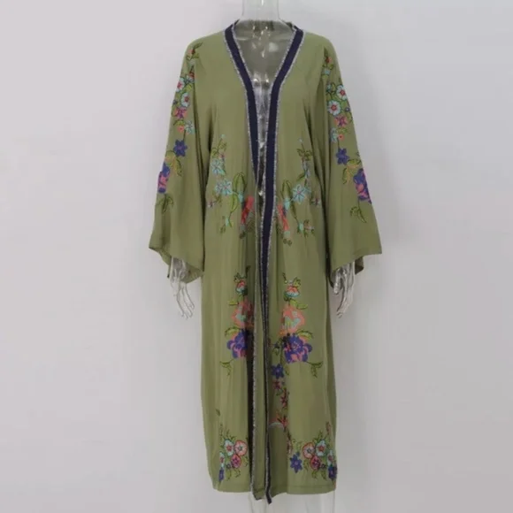 SOLD OUT Olive Floral Embroidered Cover Up Duster Kimono - Picture 4 of 10